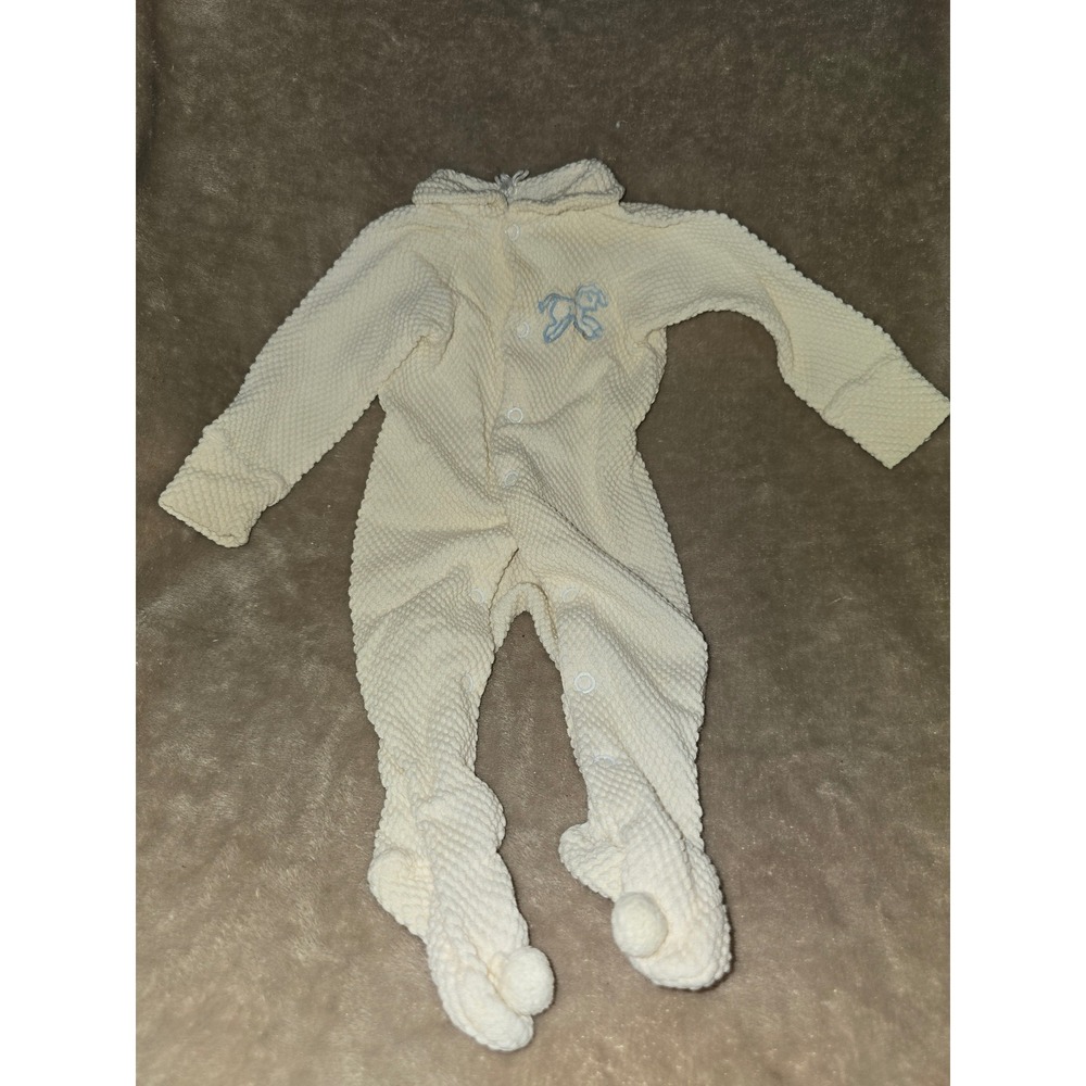 Vintage Cream Popcorn Knit Footie Sleeper Blue Puppy Embroidery Pom Pom Feet